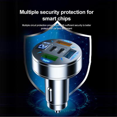 5 In 1 Car Charger Fast Charging Adapter 3USB Port+2PD Sockets with Voltage Monitor Phone Charger Type C USB for IPhone Samsung