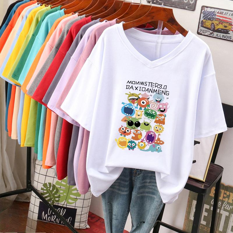 

Футболка з коротким рукавом, Вільного крою, Приталена футболка з V-подібним вирізом з принтом для жінок S білий