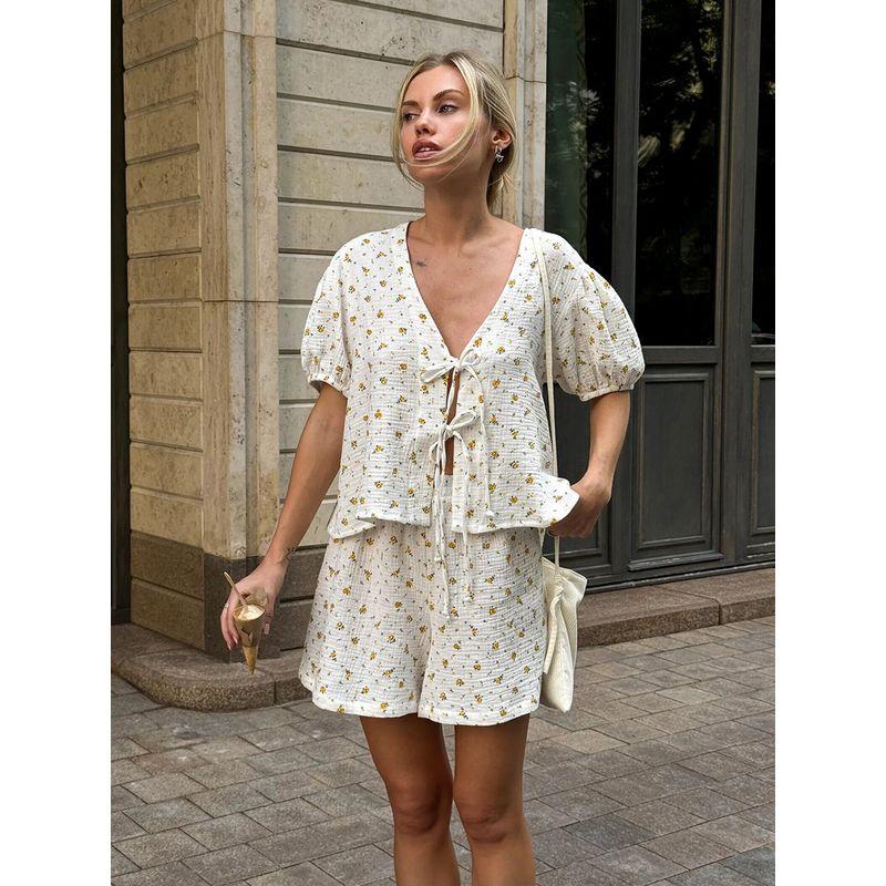 

European and American Print Short sleeve Shorts Puff sleeve Loose Shorts Set Women Short Sleeve Shorts Set White L
