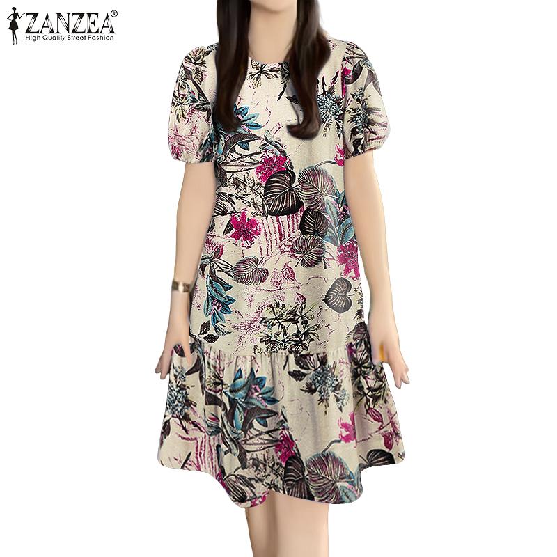 ZANZEA Women Casual Round Neck Summer Short Sleeve Print Cotton Dress