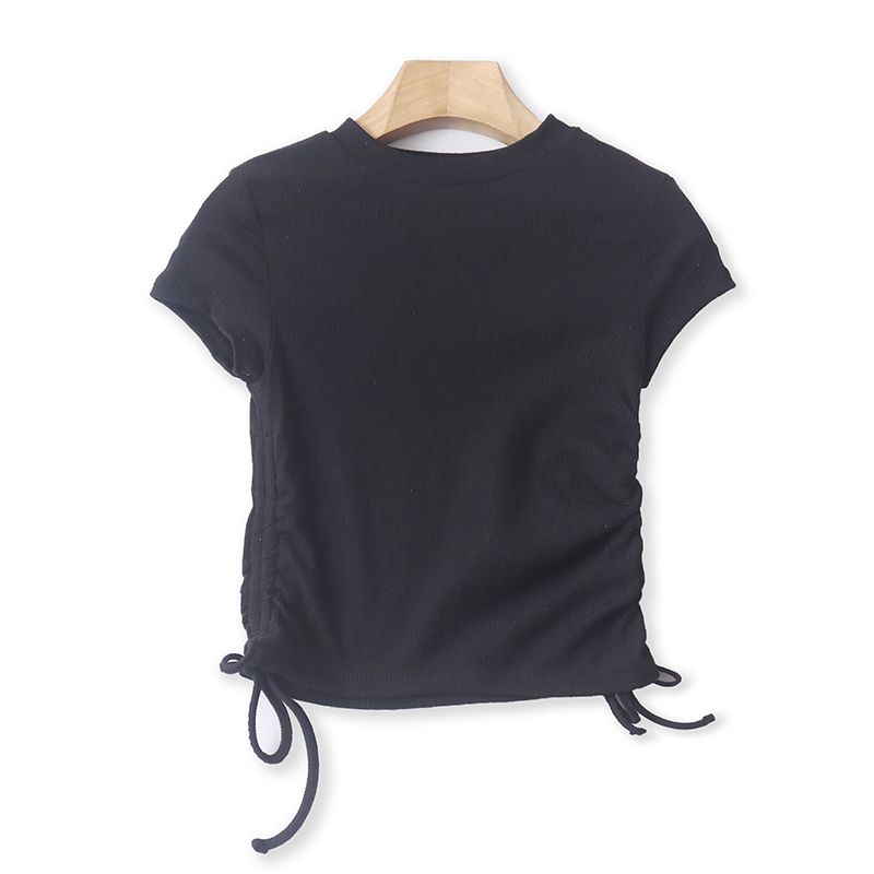 

1D/2 Summer New Arrival Foreign Trade Women s Clothing Fashion Slim-Fit Preppy Style round Neck Pullover Drawstring Knitting Short T-shirt Black XXS