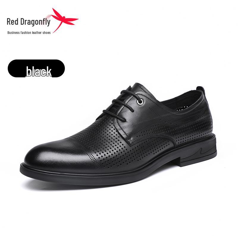 Red Dragonfly Men's Leather Business Shoes - Genuine Cowhide Soft Sole, Ideal for Spring/Autumn Office or Wedding.
