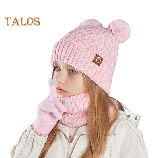 Kids Winter Hat Gloves Scarf Set Cold Weather Knitted Bear Hat with Pom Fleece Lined Neck Warmer Mitten Set for Girls Boys Ages 4-10 Outdoor