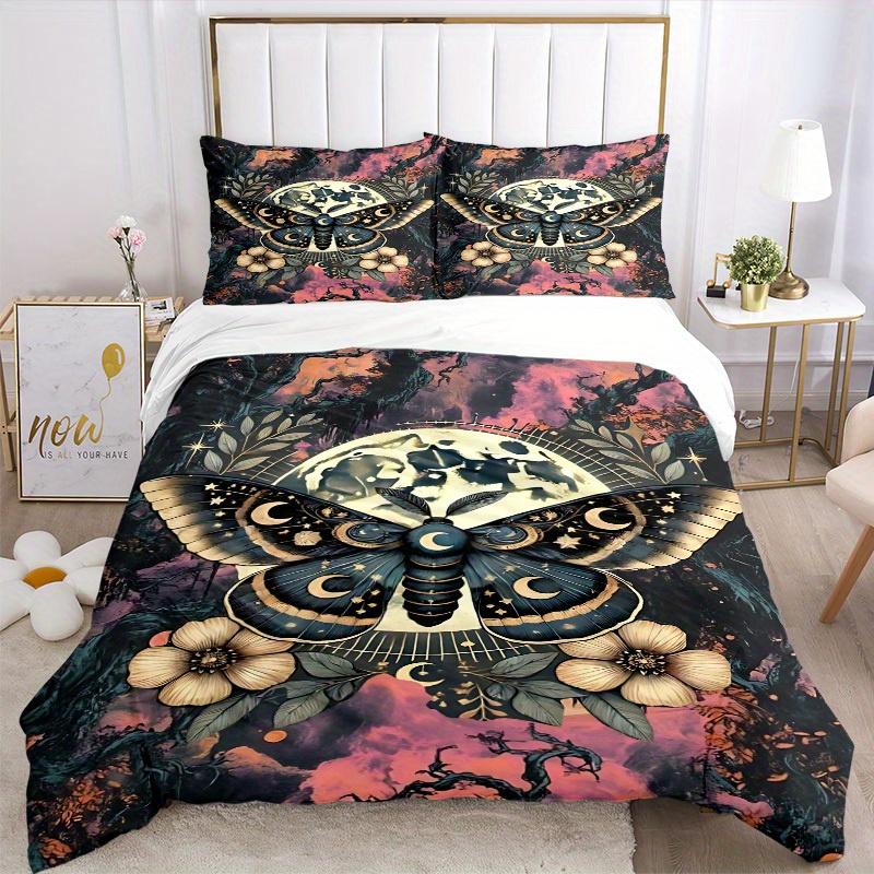 3pcs Celestial Moth Print Bedding Set, Breathable And Soft, Suitable for All Seasons Machine Washable, Suitable for Bedroom Decoration,yy250822161
