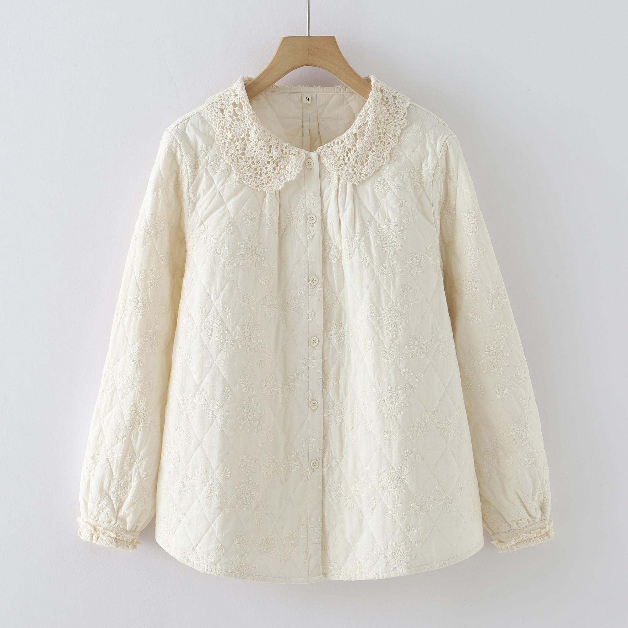 

Женская ретро стеганая рубашка с жаккардовым узором и кружевной отделкой, длинный рукав - Зимняя коллекция 2025 M