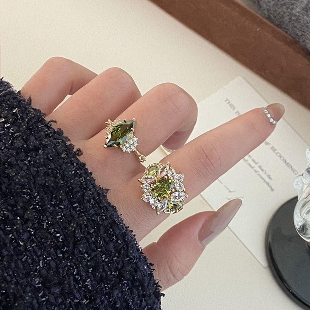 Adjustable Green Rhinestone Rings French Style Shining Rings Elegant Vintage Zircon Rings  Party