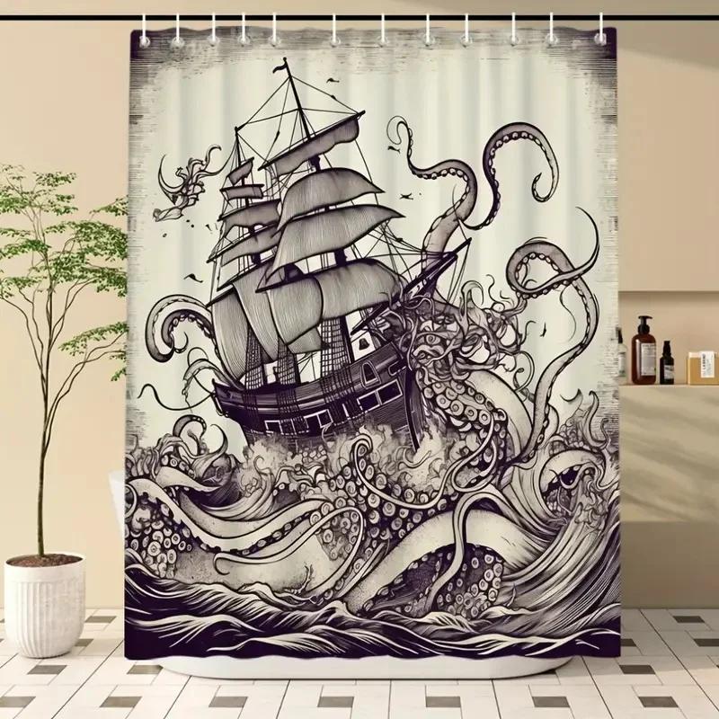 Vintage Nautical Octopus Waterproof Shower Curtain Navy Blue Mermaid Fun Ocean Sea Monster Bath Shower Curtain Anchorage Map