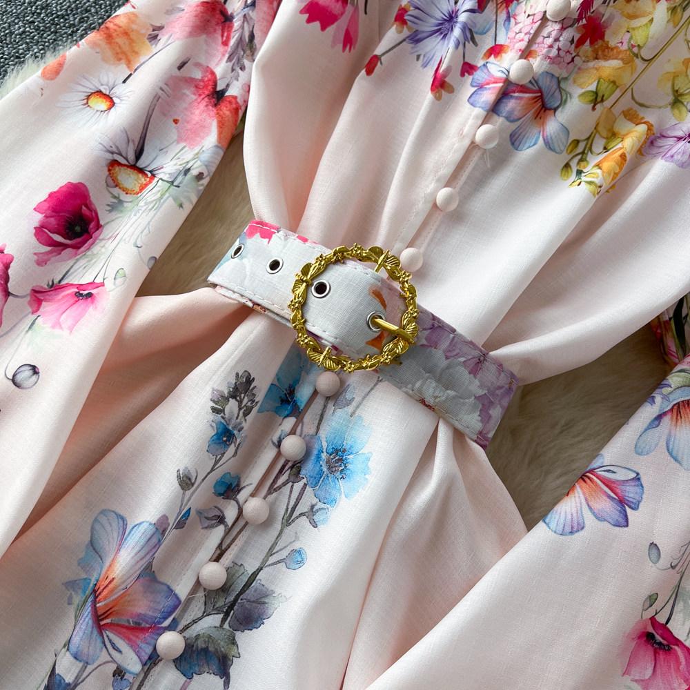 Spring Summer Fashion Vintage Flower Maxi Dress Women's Stand Collar Long Lantern Sleeve Single Breasted Floral Print Belt Slim Boho Dress