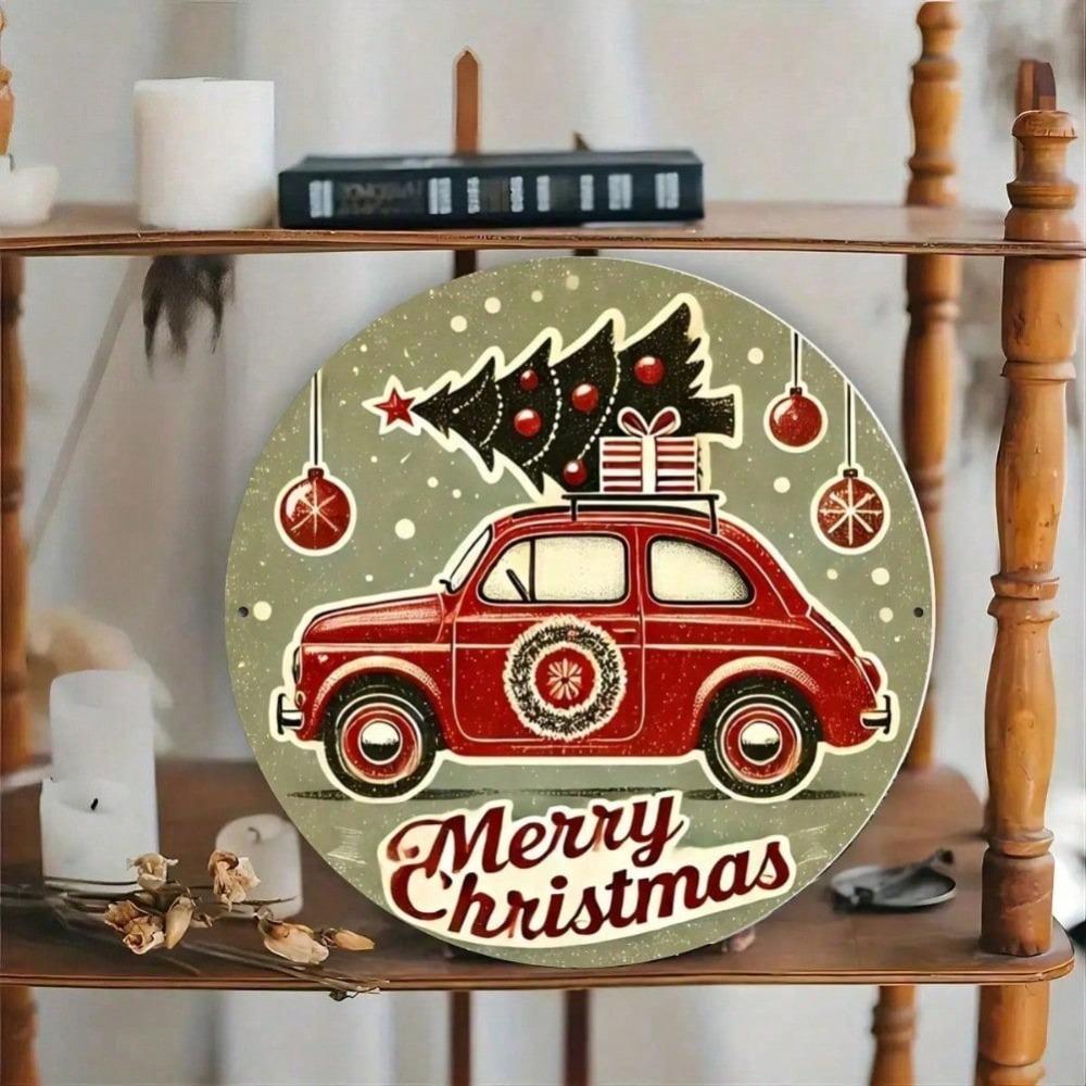 Vintage Christmas Car Tree Round Metal Sign 87x87 inch Festive Red Car Gift Merry Christmas Script Home Office Holiday Decoration