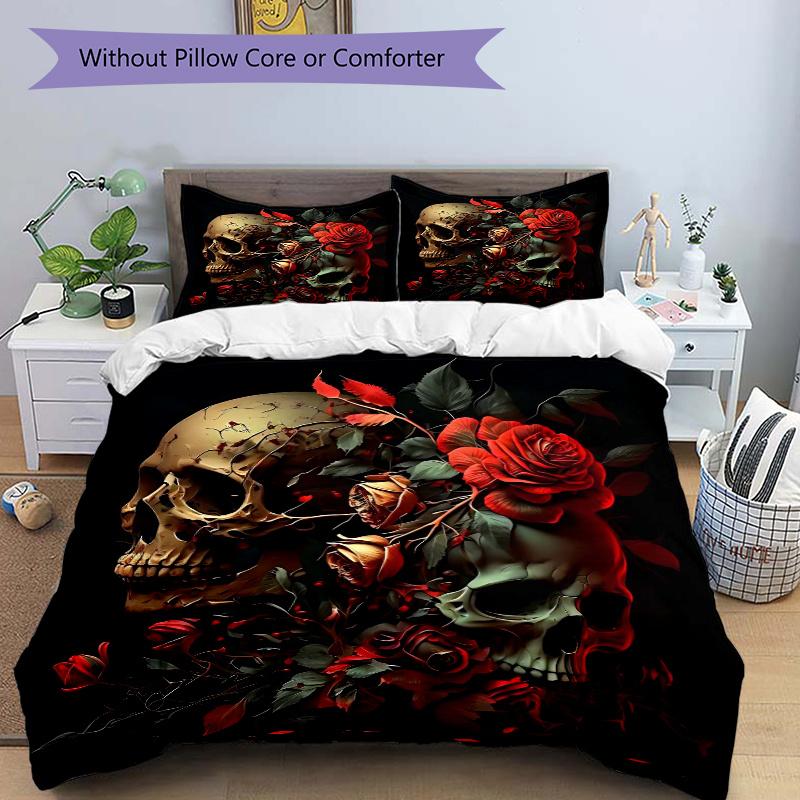 

3pcs Skulls in Bloom Bedding Set, Including 1 Quilt Cover and 2 Pillow Shams, Without Filling, Soft and Comfortable Home Bedroom Fabric, Fashiona 135x200cm