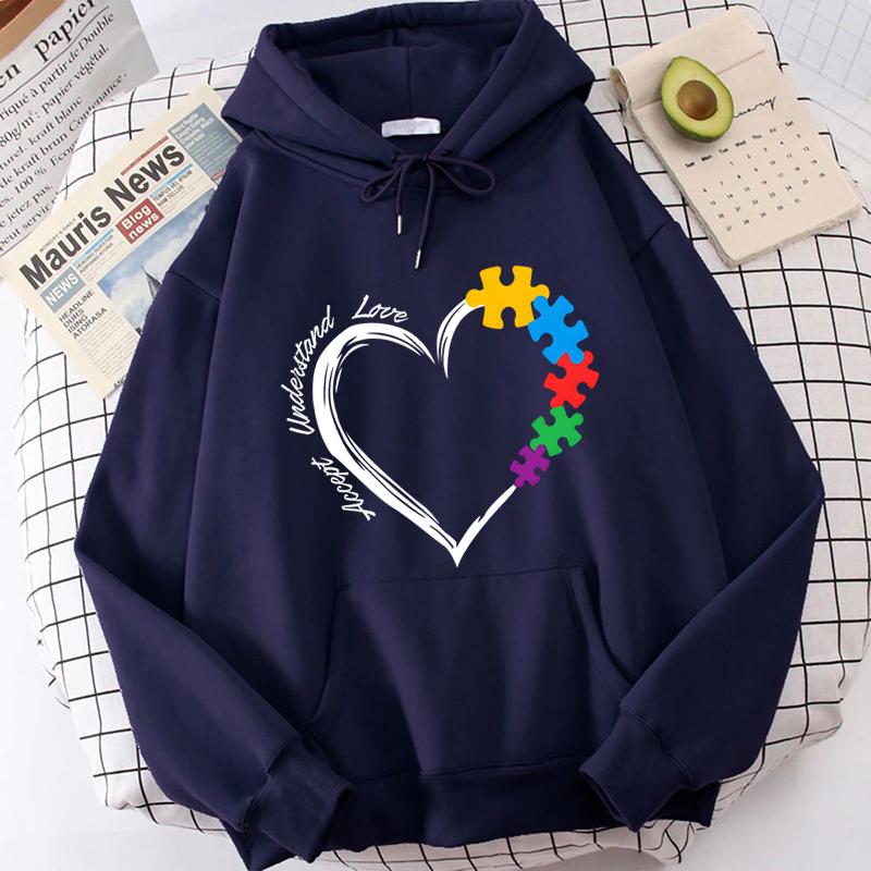 Autism Heart Accept Understand Love Print Hoodies For Women Fashion Casual Pullovers Long Sleeves Autism Mom Sweatshirts Tops