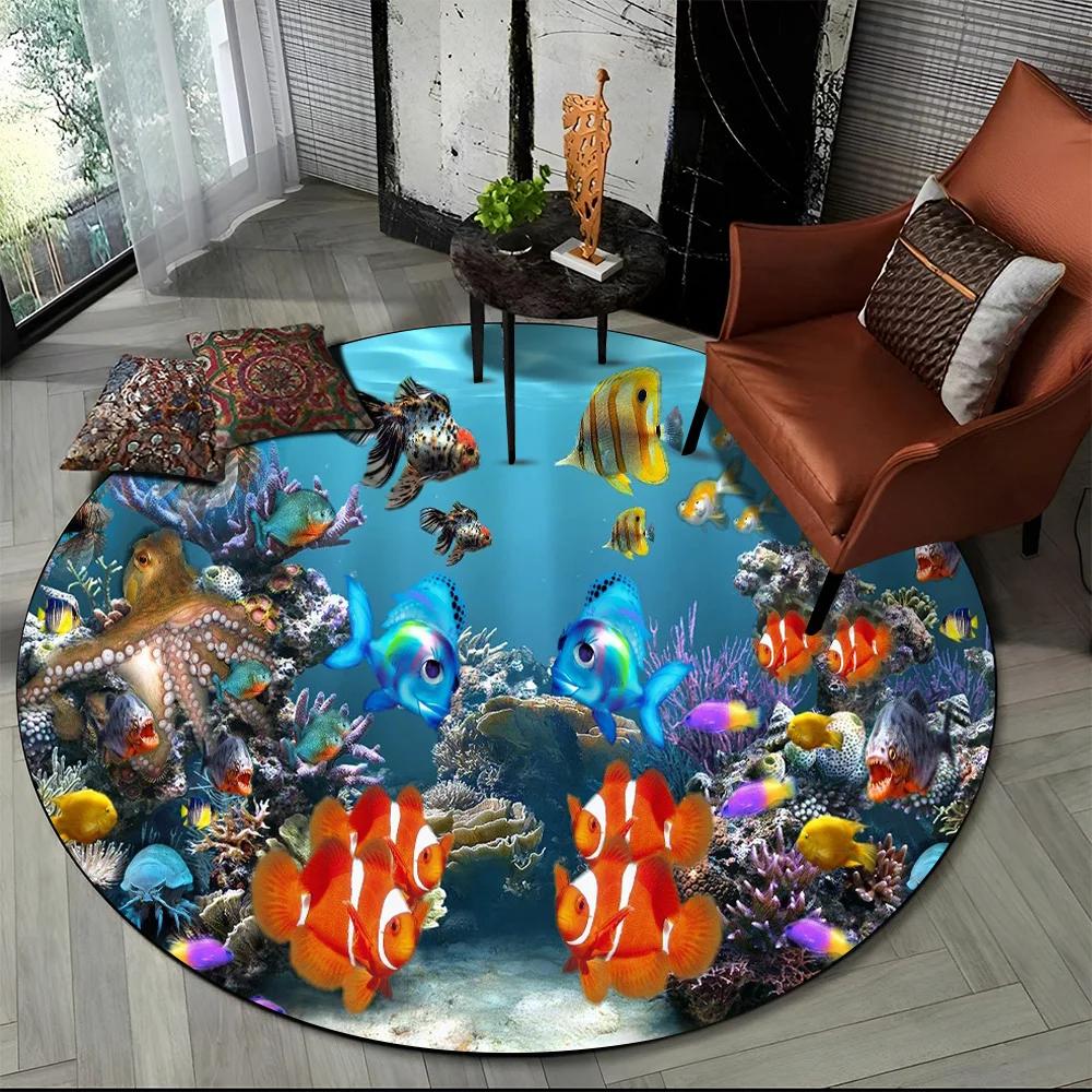 Underwater World Seabed Fish Dolphin Cartoon Round Carpet Rug for Living Room Bedroom Kids Decor,Pet Area Rug Non-slip Floor Mat
