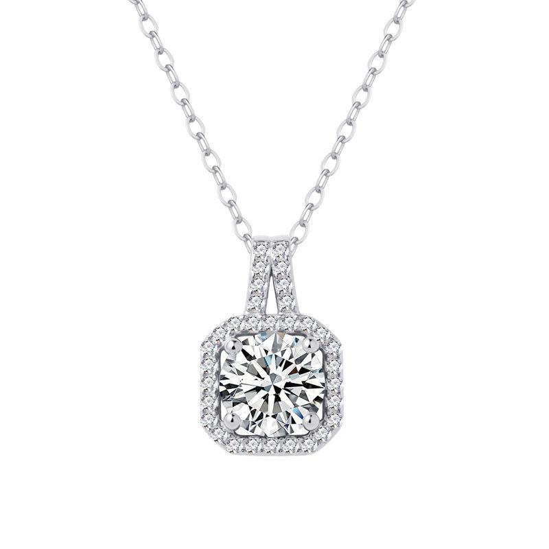 Sterling Silver Moissanite Princess Square Necklace with PT950 White Gold Plated Sugar Clavicle Chain for Women. 925 Silver