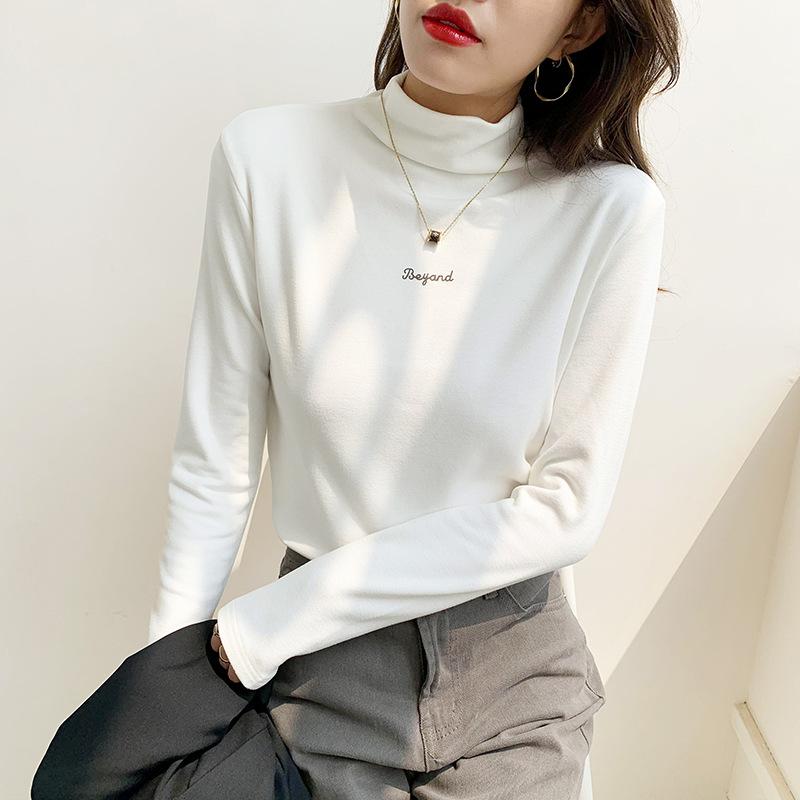 German Velvet Warm Long-sleeved Inner Top, Autumn and Winter Slim-fitting Versatile Embroidered Semi-turtleneck T-shirt Bottoming Shirt