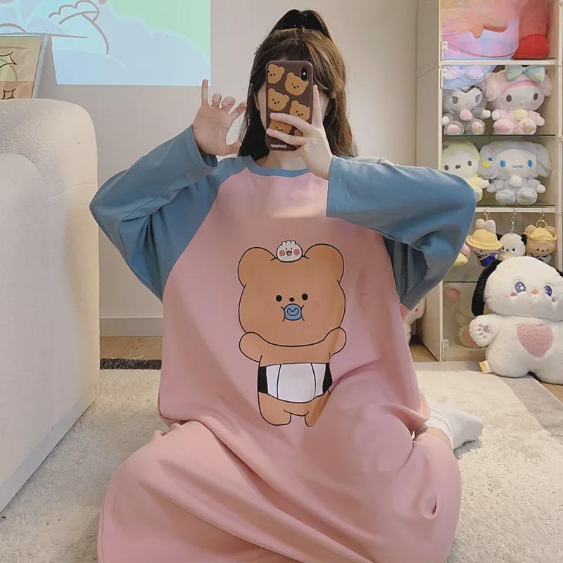 Women's Cute Cartoon Cotton Nightdress - Round Neck, Long Sleeves, Medium & Plus Sizes - Perfect for Spring, Autumn & as Cozy Home Wear