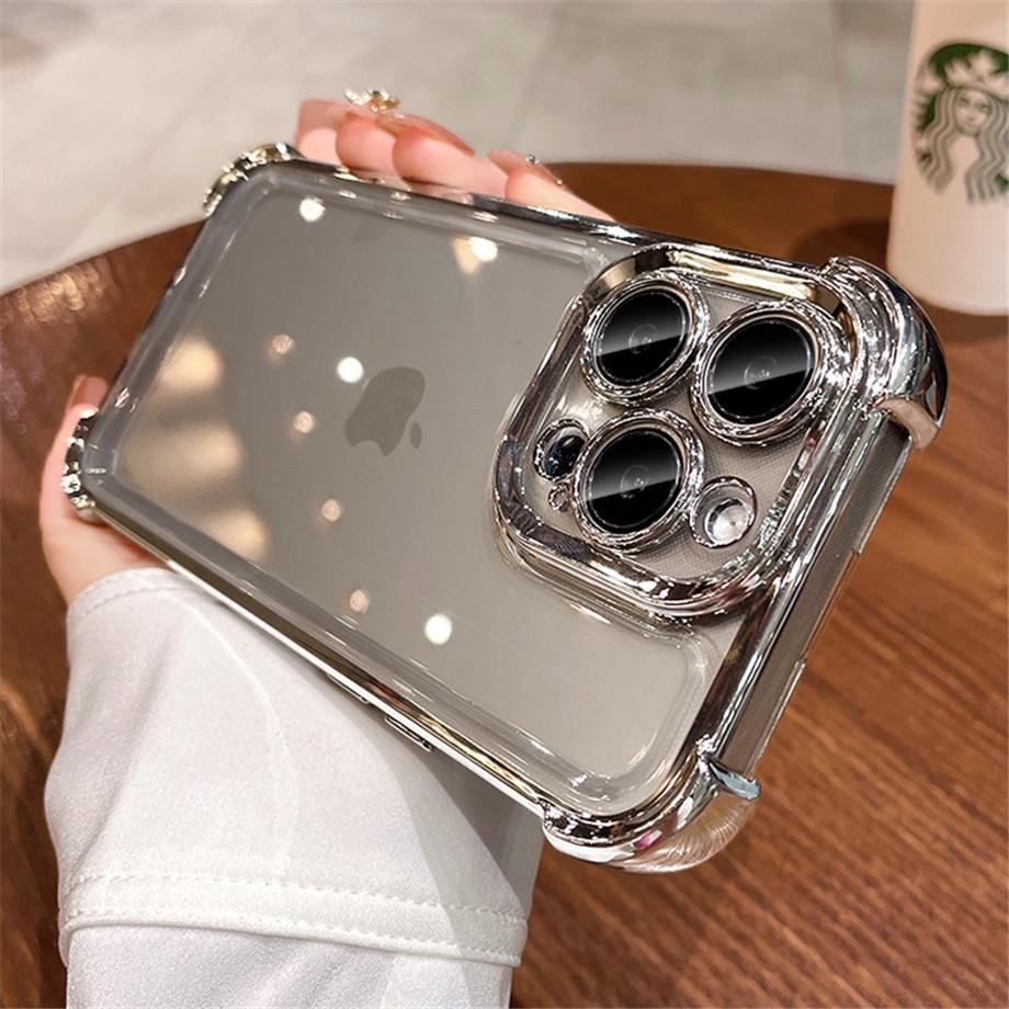 Luxury Electroplate Shockproof Phone Case For iPhone 15 14 13 12 11 Pro Max Plus Lens Protection Bumper Transparent Back Cover