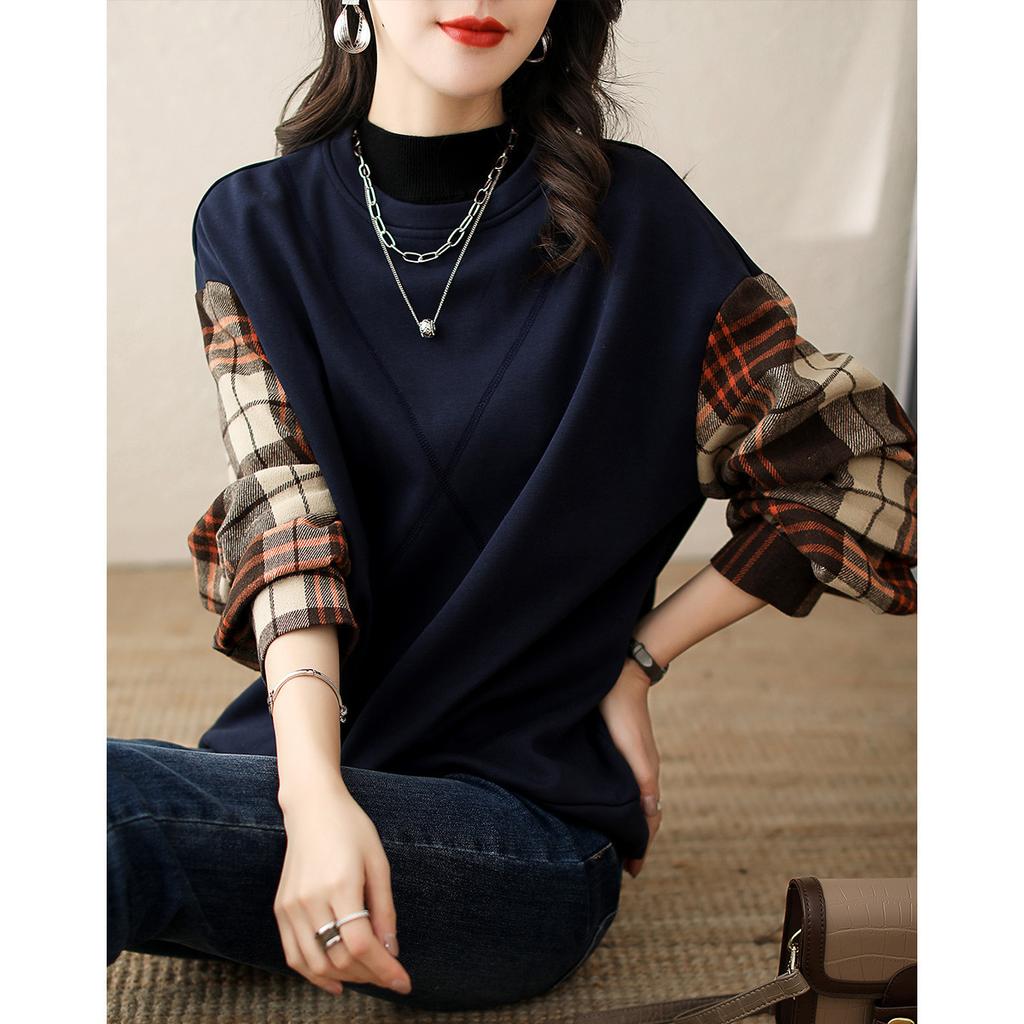 Women's Autumn and Winter T-shirt New Fashion Loose Plaid Splicing Round Neck Fake Two-piece Lantern Sleeve Sweatshirt