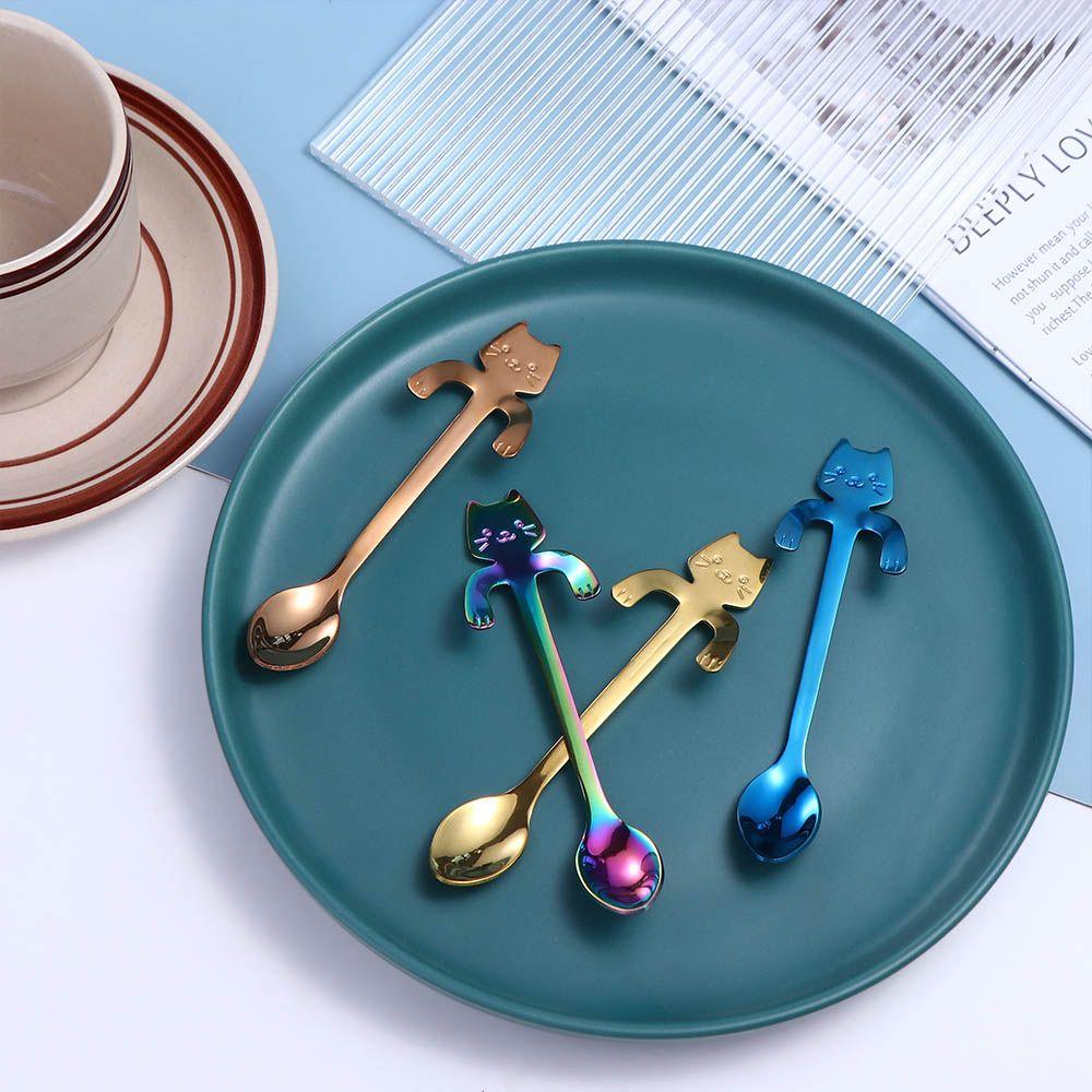 Cat Cartoon Kitchen Gadget Coffee Drinking Stainless Steel Flatware Stirring Spoons Teaspoon Dessert Spoon Coffee Spoon