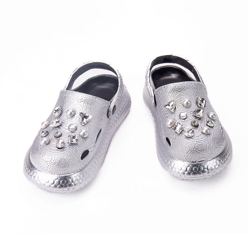 

Туфли с дырками женские новые модные сандалии для улицы с полными бриллиантами, на высокой подошве, нескользящие, не пахнущие, пляжные, с сумкой на голову 44/45 [Standard Size]