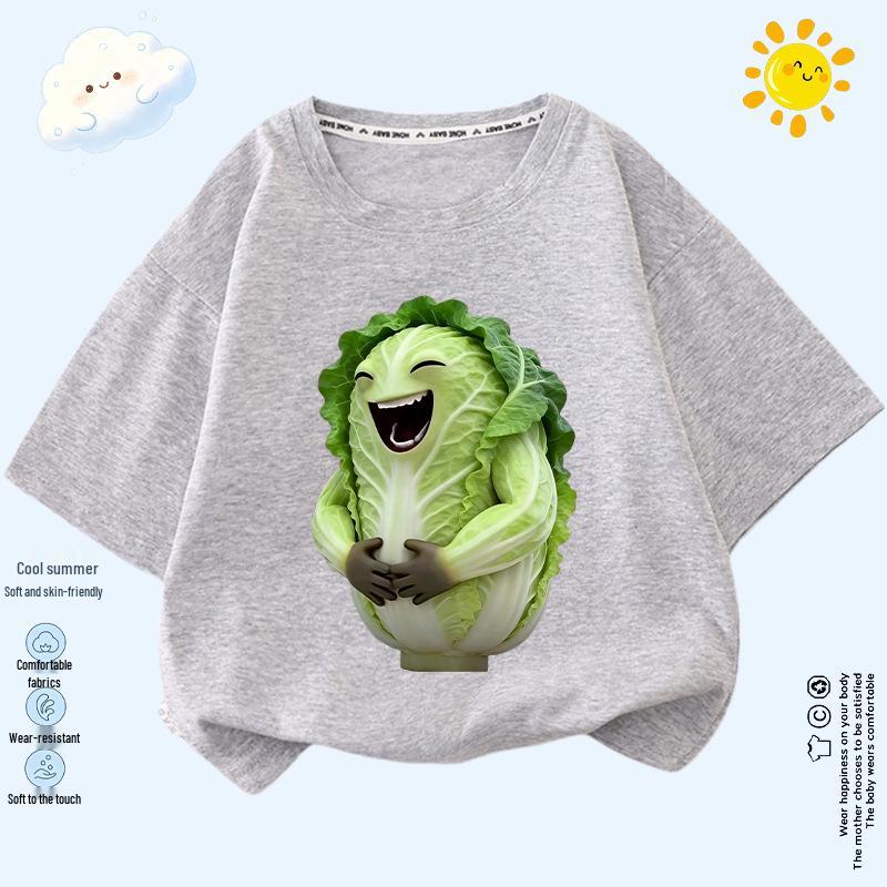 Kids' Smiling Cabbage Short Sleeve T-shirt - Fun Veggie Print, Lightweight, Unisex