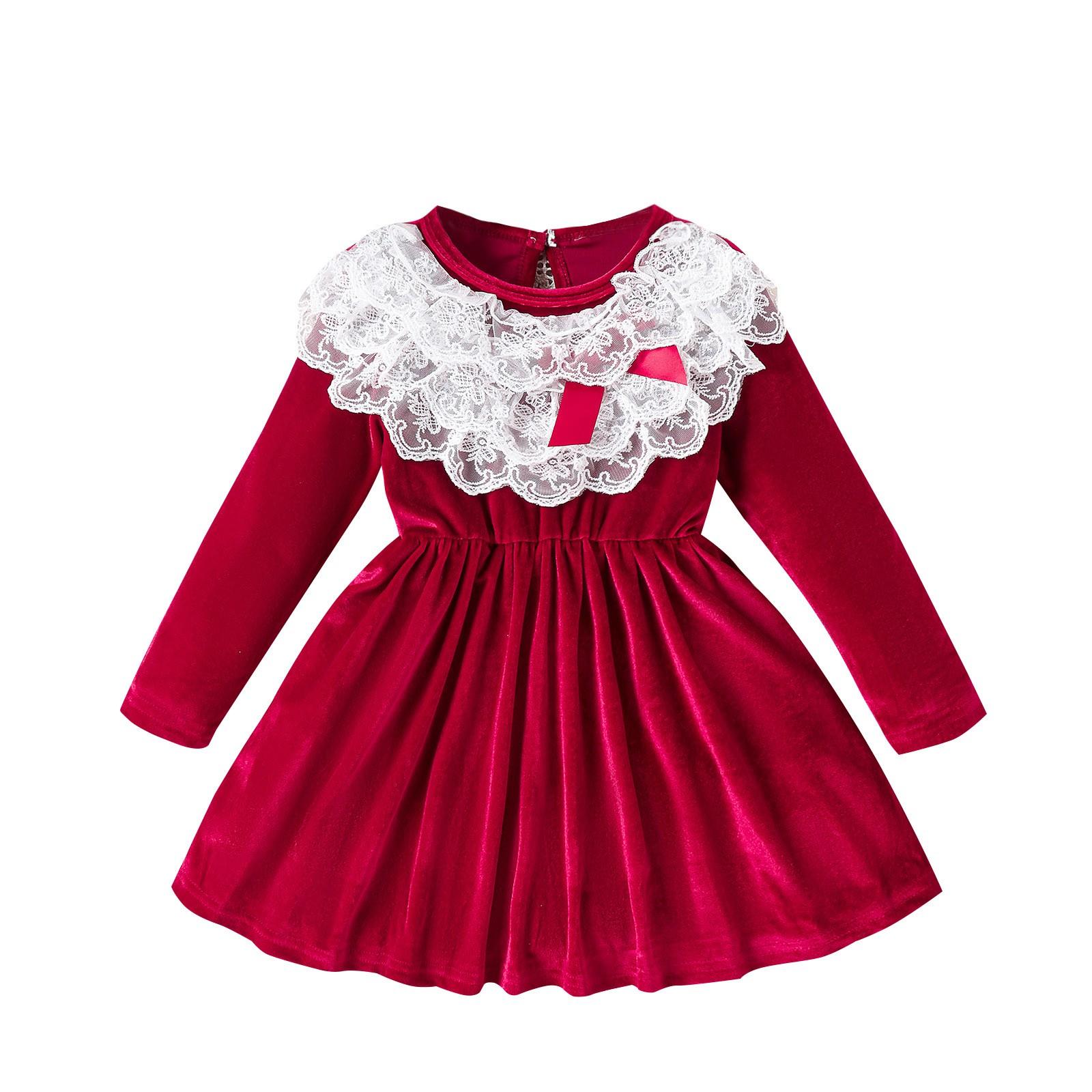 Girls Winter New Lace Collar Velvet Long-sleeved Dress Princess Dress 4Y