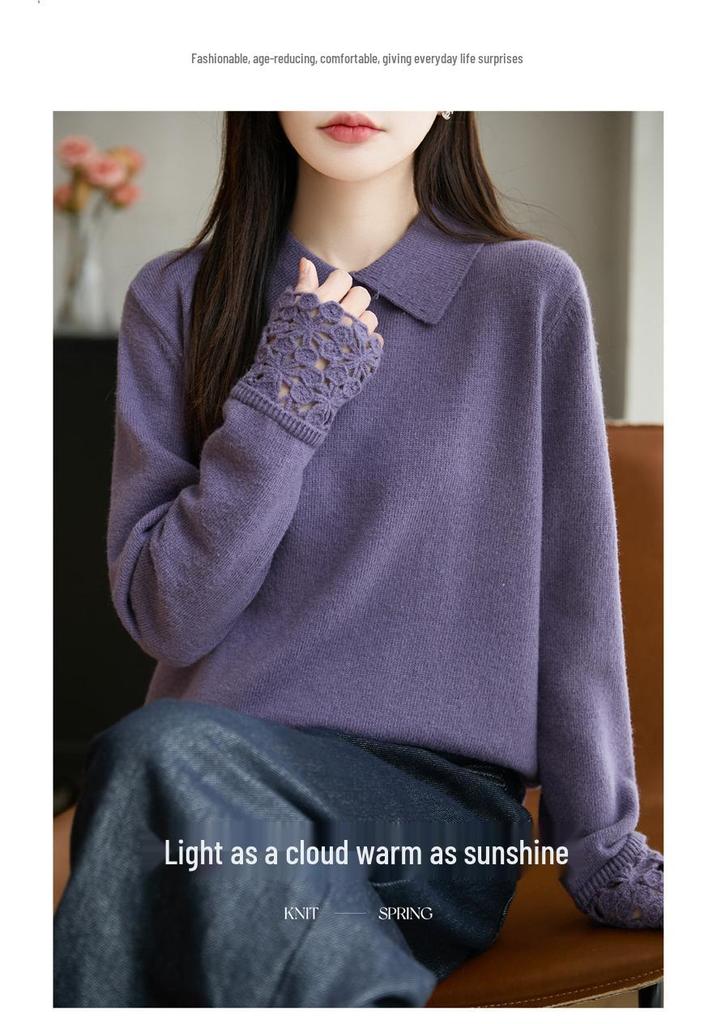Women's French High-End Crochet Polo Collar Knitwear: Stylish Hollow-Out Lapel Sweater