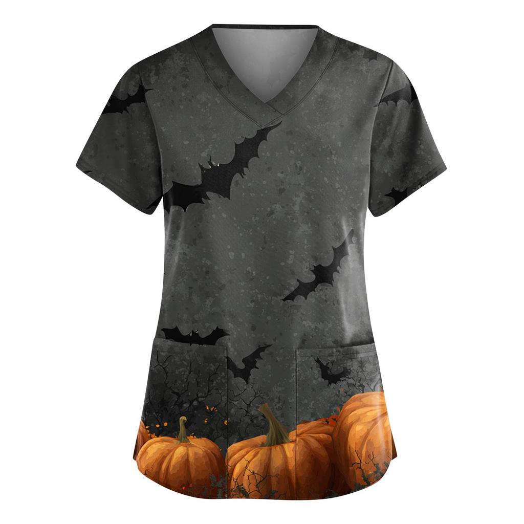 Women's Fashion V-Neck Short Sleeve Overalls With Pockets Halloween Printed Tops  Apparel