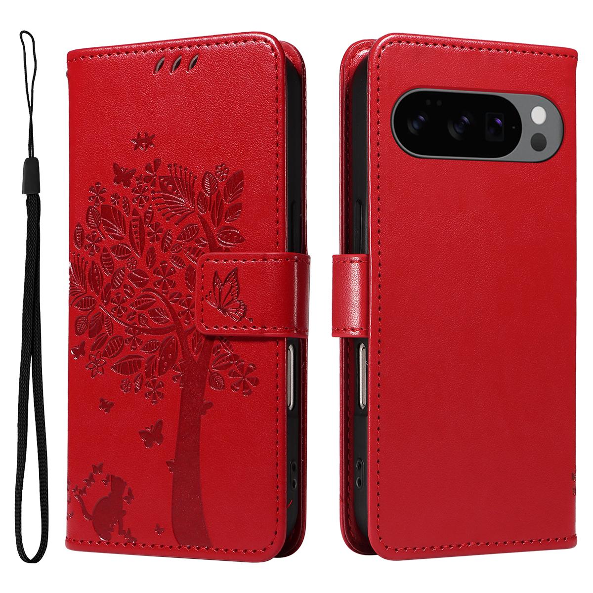

For Google Pixel 10 Pro/Google Pixel 9/Google Pixel 9 Pro/Google Pixel 10 Phone Case with Stand Cat Tree Pattern Leather Wallet Mobile Cover Red
