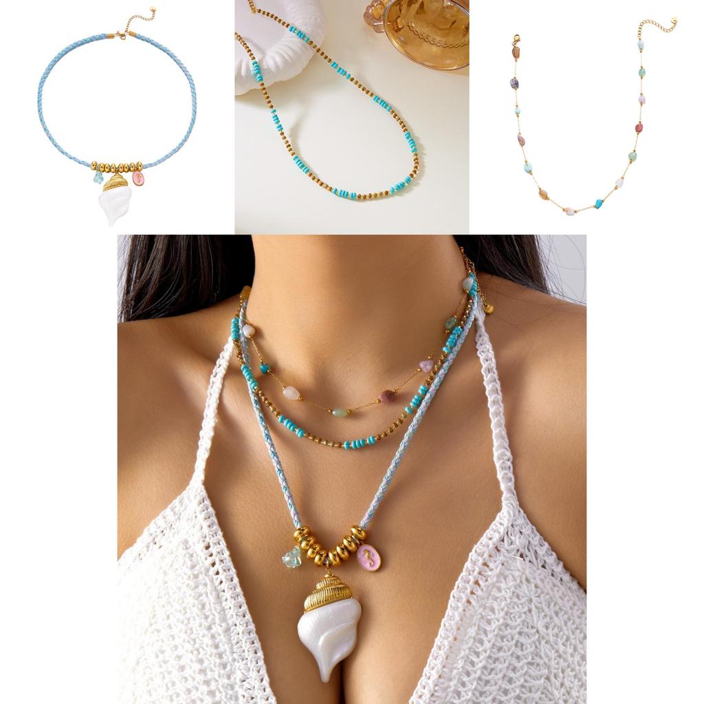 Bohemian Turquoise Shell Pendant Necklace With Stainless Steel Chain For Summer Vacation Style