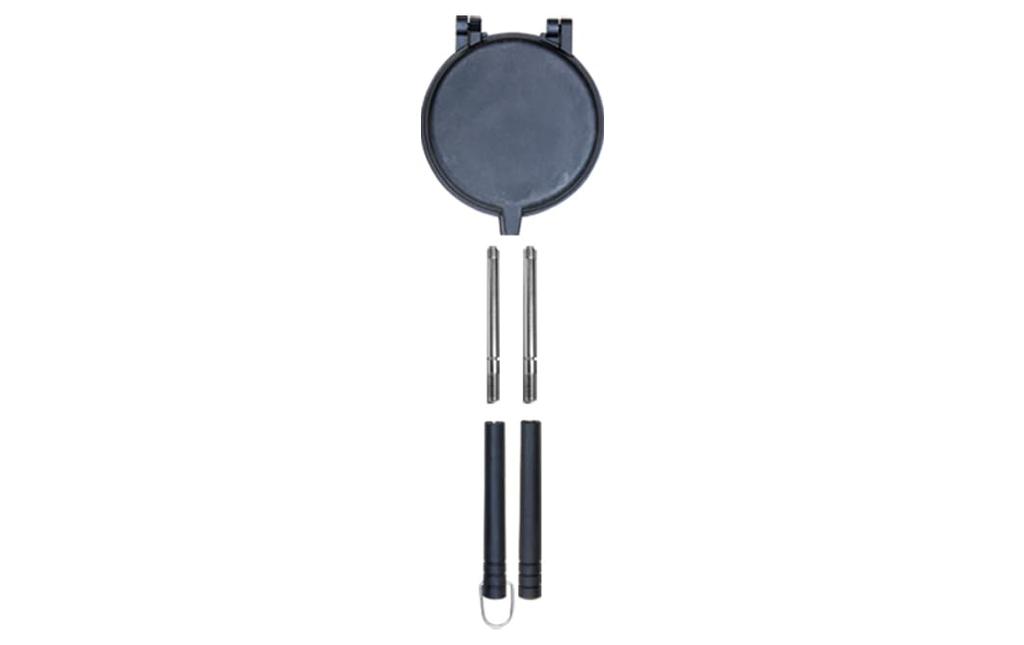 Direct-heat pancake maker with detachable handle, separate top and bottom sections, single-serving, lightweight, non-stick coating, easy to clean, ful