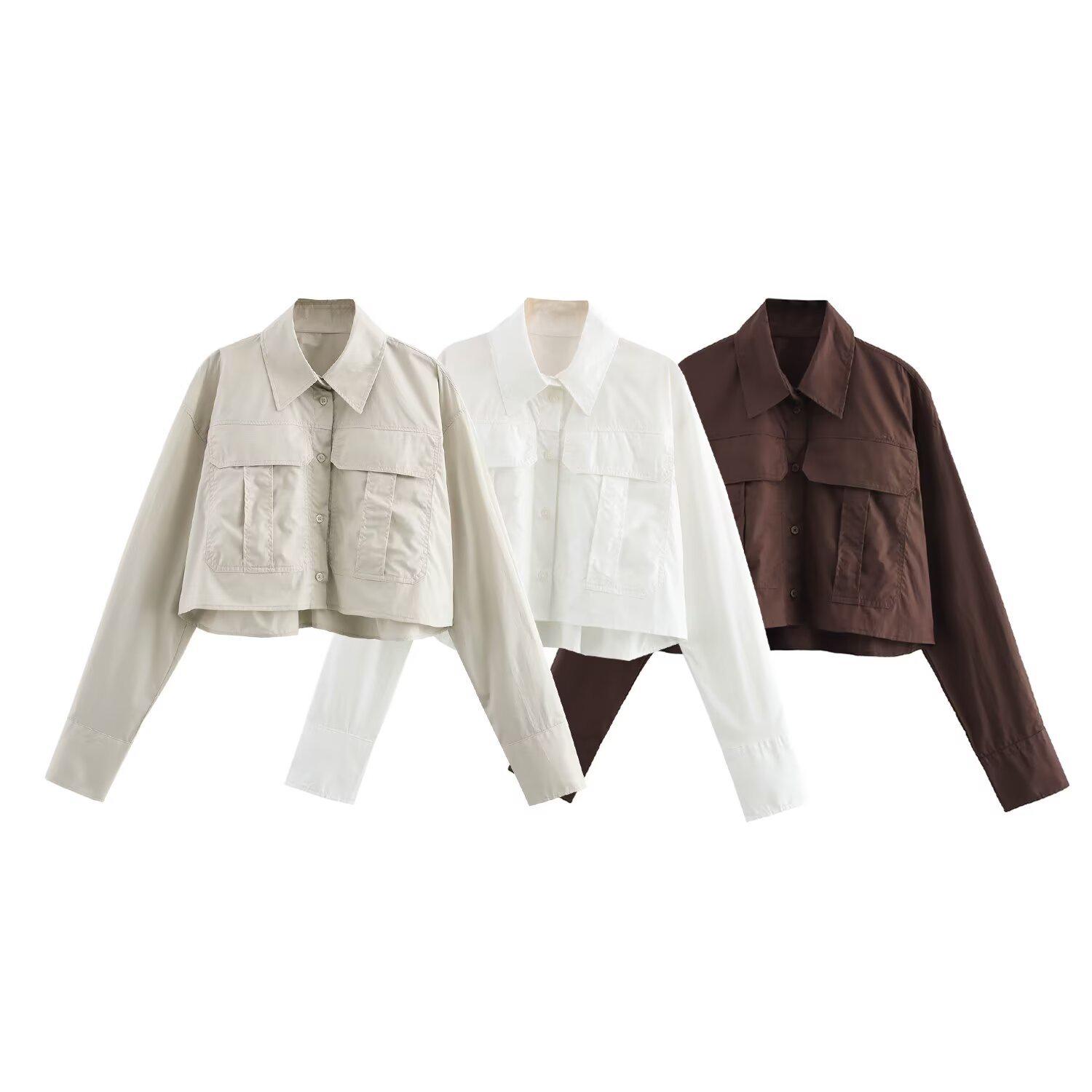 

2025 Spring Women s Elegant Slim-Fit Versatile Pocket Poplin Long-Sleeve Shirt Extra Small белый/кремовый