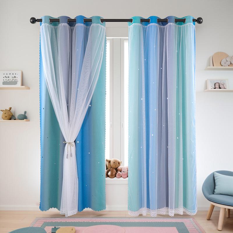 Children'S Room Curtain Double Hollow Star Punching Curtain Gradual Change Yarn Punching