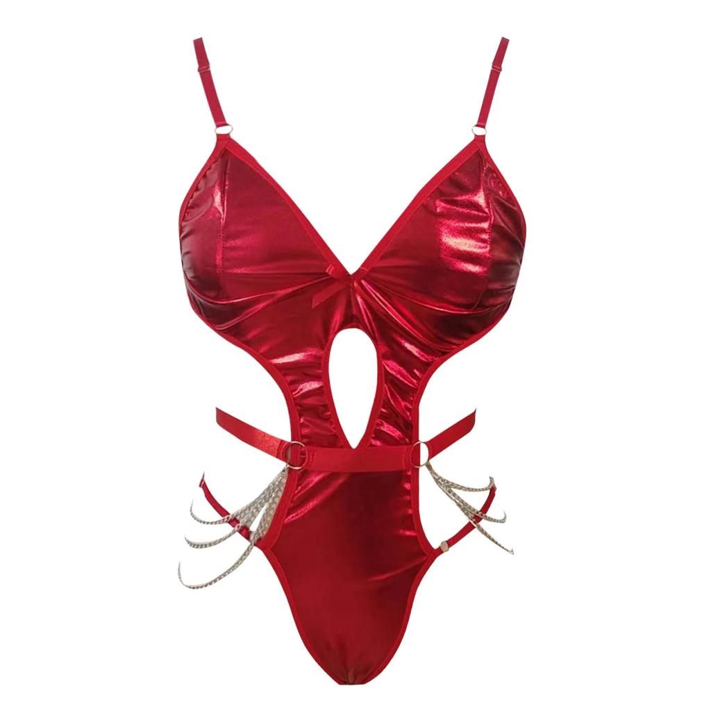 Porn Sexy Lingerie Latex Bodysuit Women Underwear Hollow Out PU Leather Bodysuit Erotic Lingerie Chain Bondage Teddy Bodys Mujer