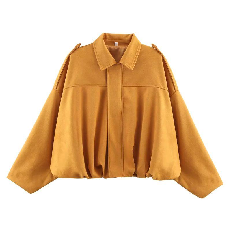 Women's Spring Clothing Pleated Decorative Lapel Long Sleeves Suede Texture Pilot Jacket Outwear 4344155
