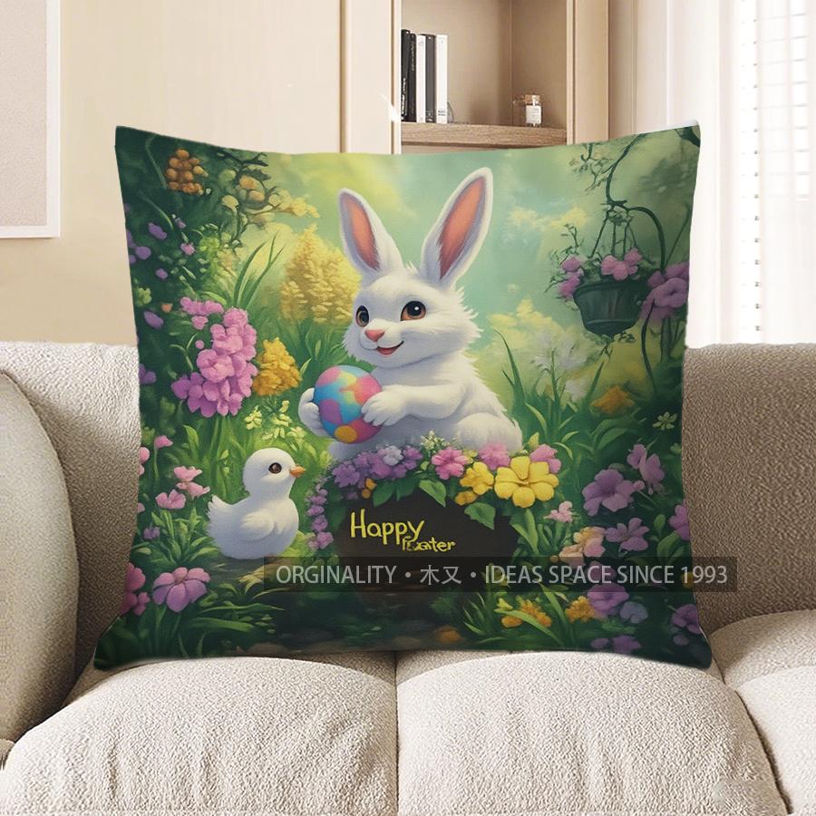 Home Decor Cute Easter Bunny With Eggs Throw Pillow Pattern Cushion Cover Suitable For Sofa Bedroom Car Pillow Cover