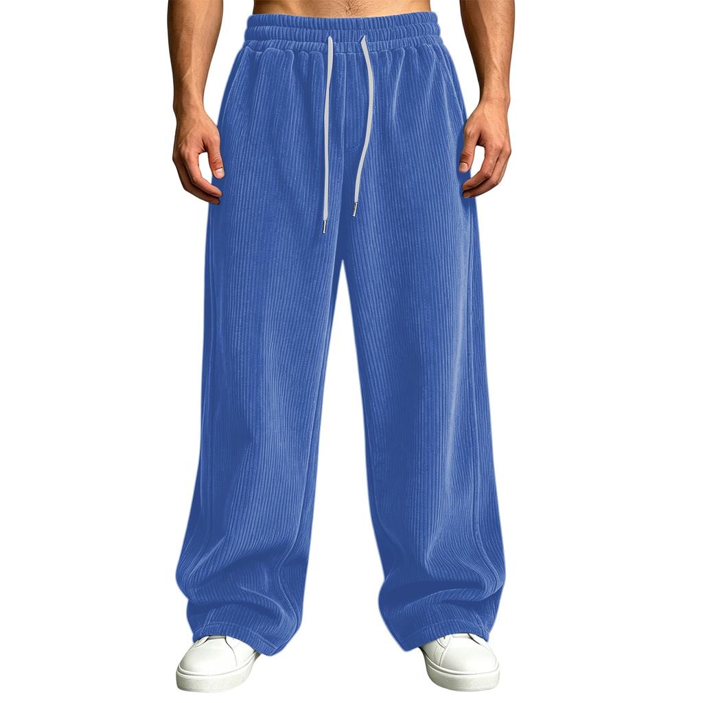 Pantalones de pana para hombre de cintura alta con bolsillos de corte holgado pierna recta ancha color casual
