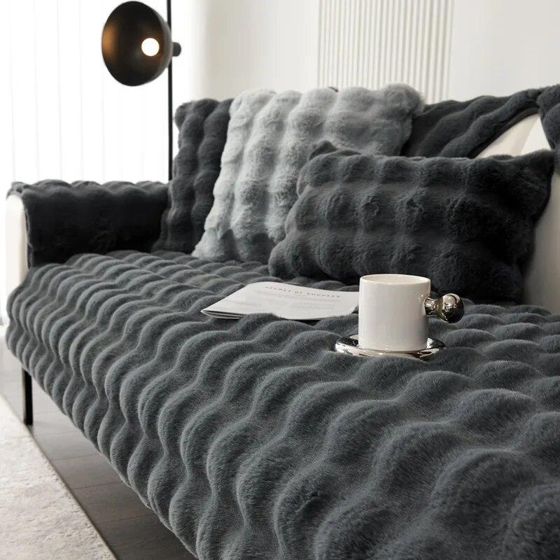Soft Warm Faux Fur Couch Sofa Cover Thick Shaggy Fuzzy Sectional Couch Cover Non-Slip Solid Color Plush Sofa Slipcover Furniture