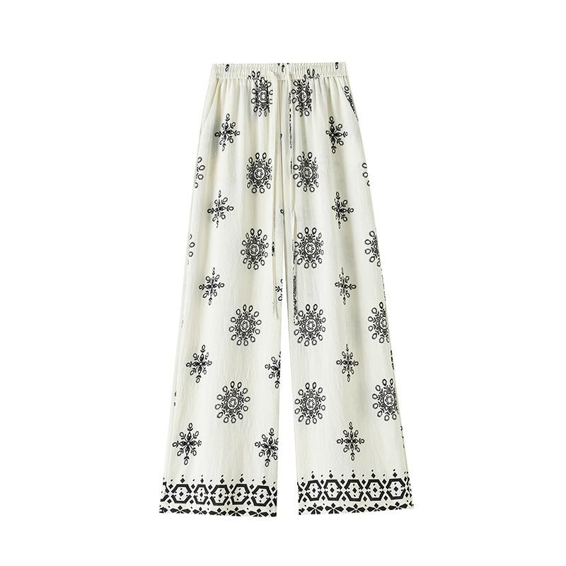 Summer Women Vintage Print Cotton And Linen Thin High Waist Wide Leg Pant Trouser For Girl