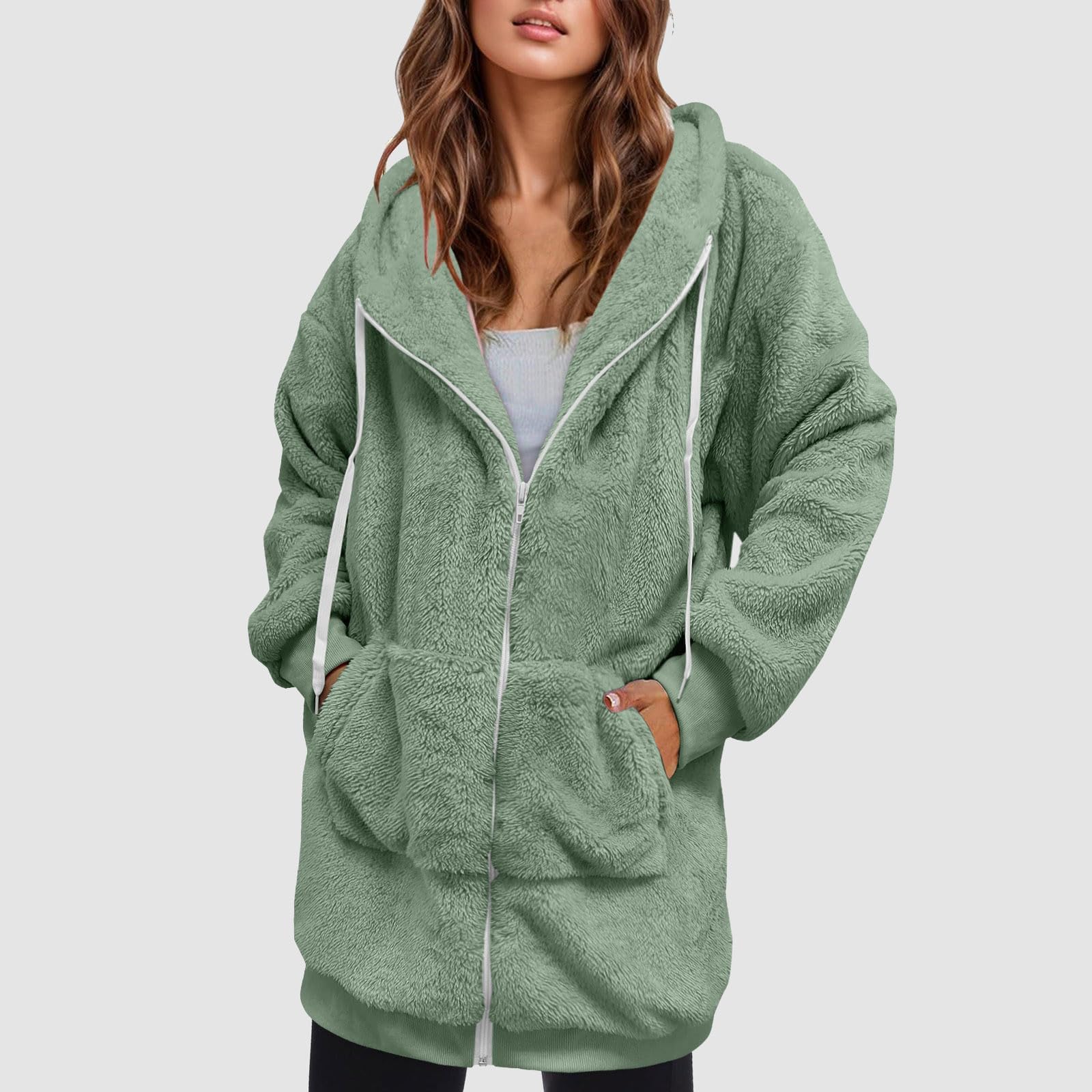 Women s Fashionable Coat Color Long Sleeved Hooded Drawstring Pocket Zipper Long Warm Jackett XXL