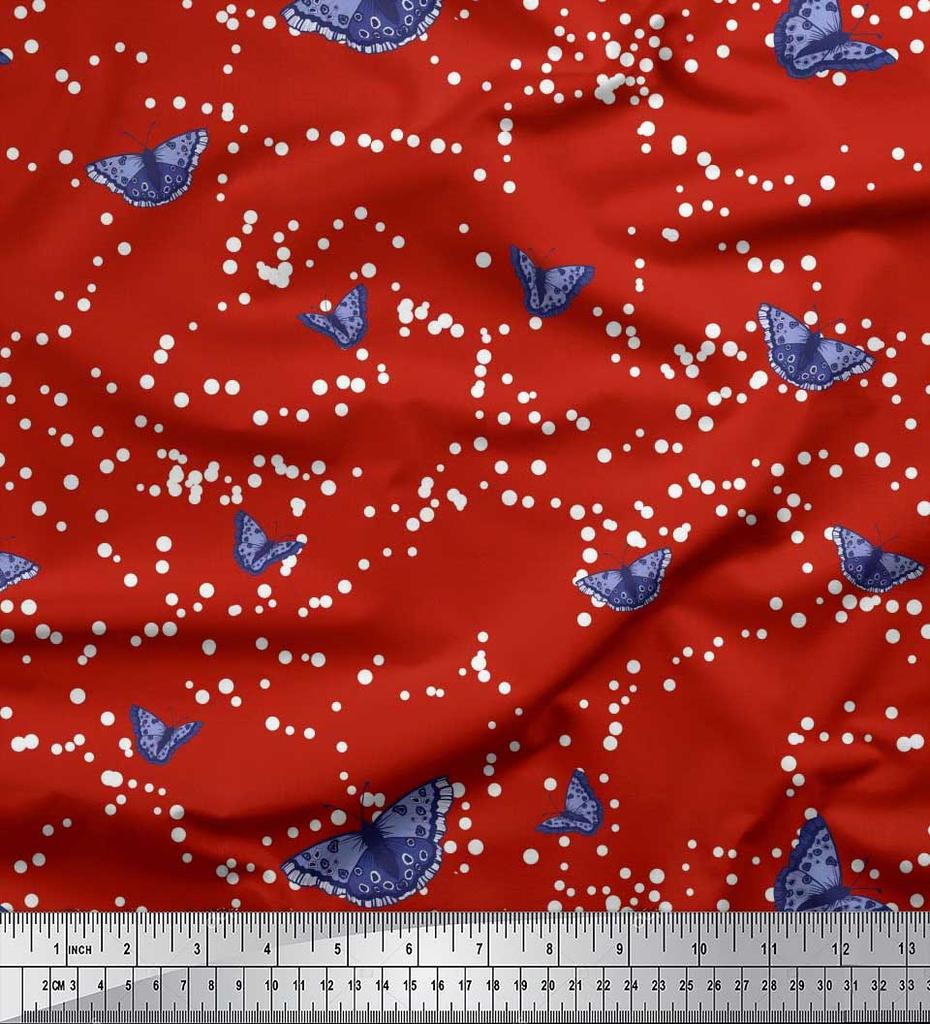 Soimoi Red Japan Crepe Satin Fabric Dot & Butterfly Print Fabric by the metre 42 Inch