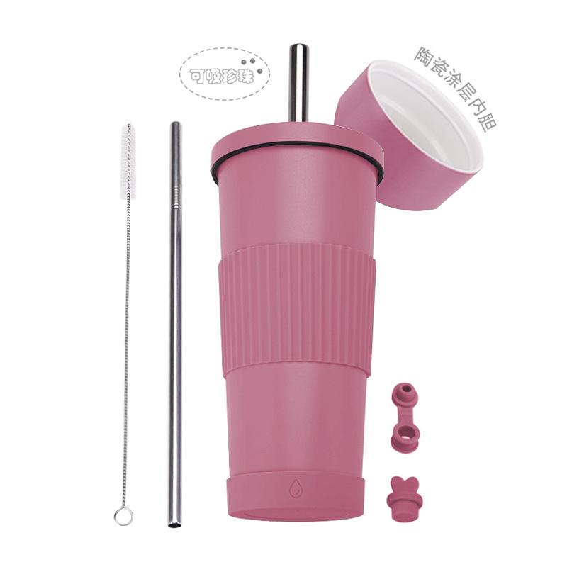 2025710Ml Stainless Steel Straw Cup Female Ceramic Liner Milk Tea Cup Non-Slip Portable Straw Thermos Cup