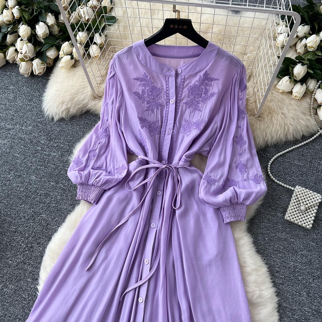 Vintage Elegant Embroidered Button Dress A-line Chic Casual Beach Vacation Women Summer Dresses