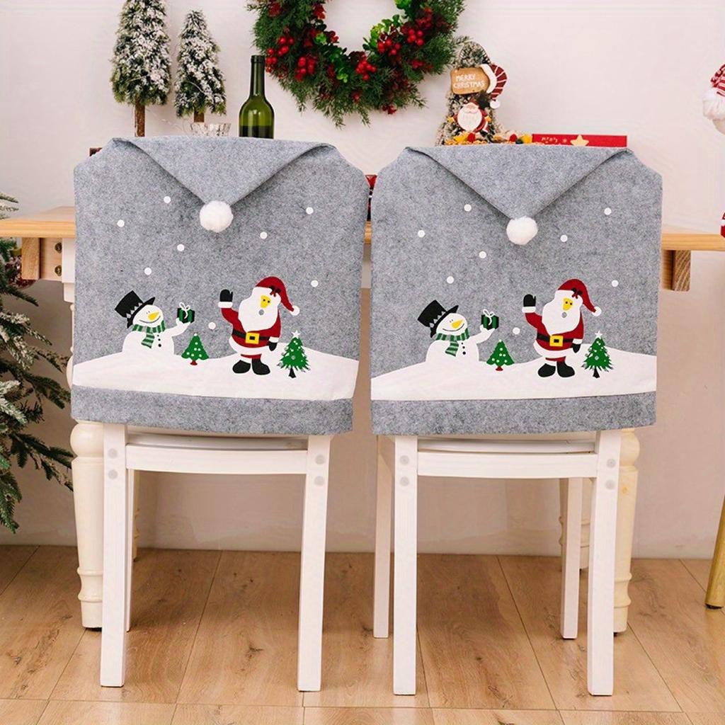 Christmas Gray Printed Chair Covers With Santa And Snowman Designs, Non-Woven Fabric Chair Slipcovers With Adorable Pom-Pom For Holiday Home Decor