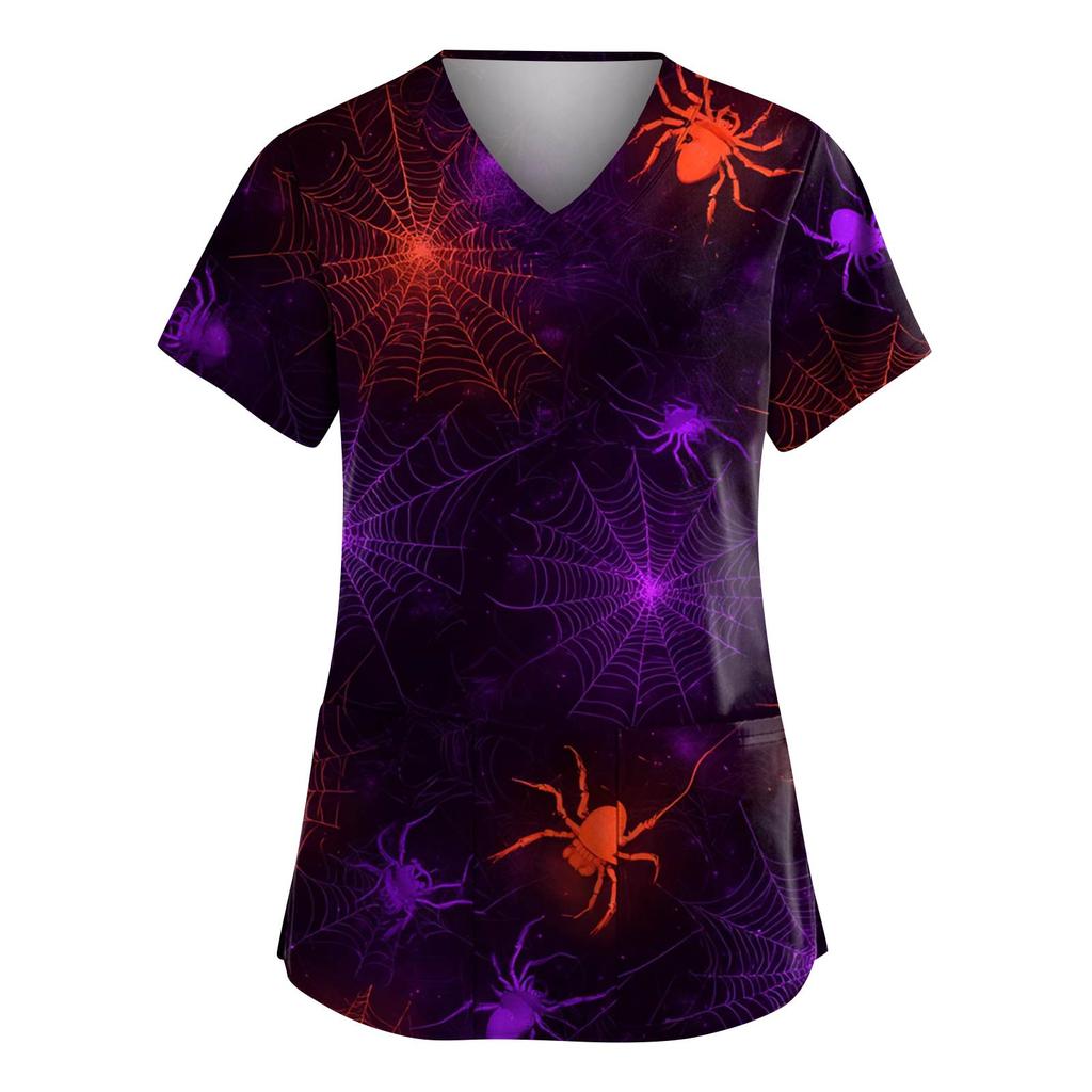 Women's Fashion V-Neck Short Sleeve Overalls With Pockets Halloween Printed Tops  Apparel