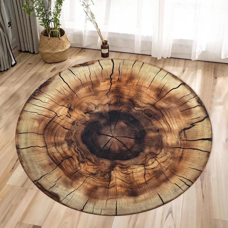 Natural Woodland Charm Tree Ring Pattern Round Rug Wood Log Floor Mat Trunk-Inspired Carpet Decorative Wood Crack Design Room
