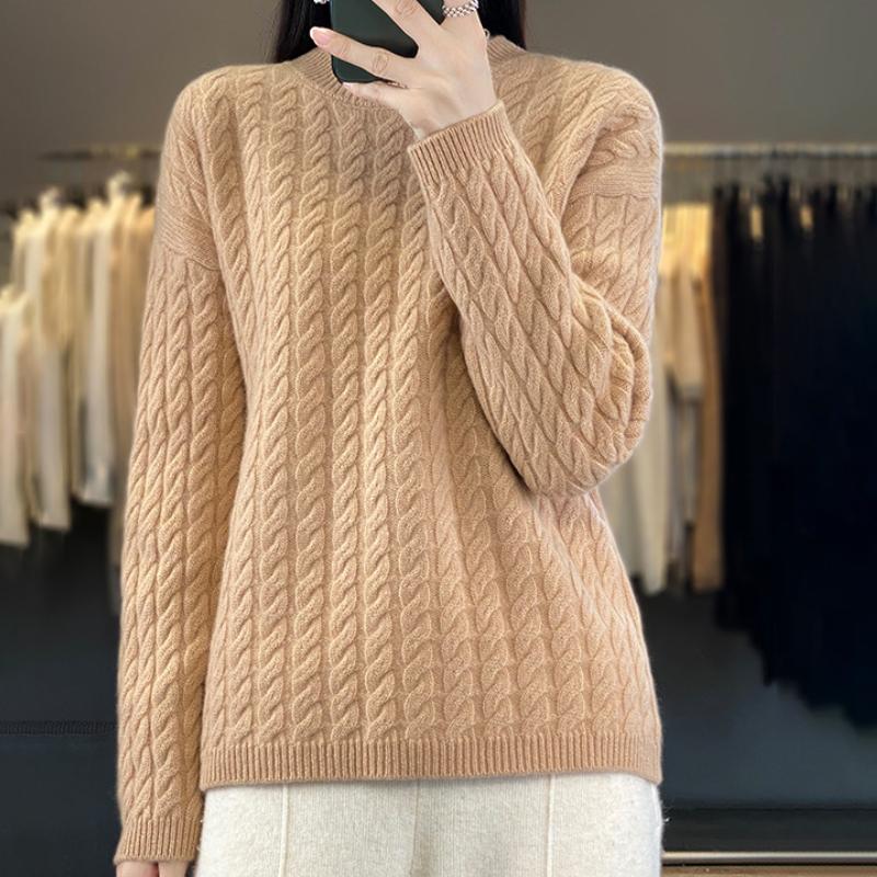 Round Neck 100% Pure Cardigan for Women's Autumn and Winter Solid Color Twist Sweater Loose and Versatile Warm Cashmere Base Shirt