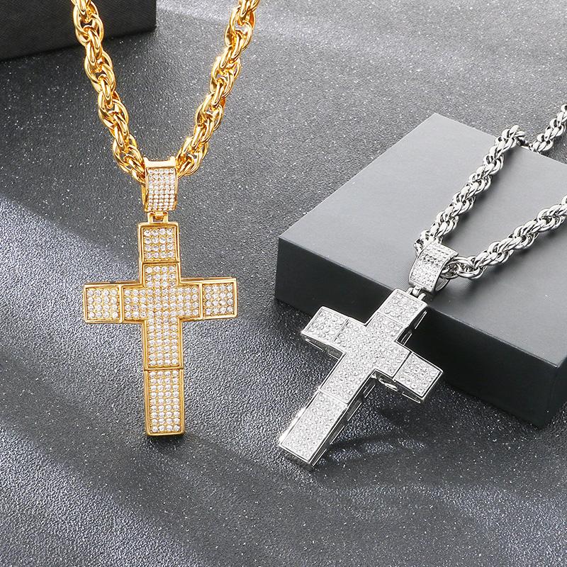 Hip Hop Full Rhinestone Stainless Steel Cross Pendant Necklace for Men Larger Gold Color Cross Party Jewelry Gift CNC Stone