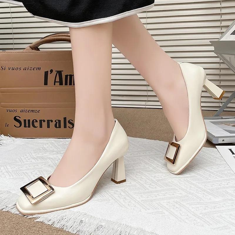 Fashion Women's Slim Heel Shoes Spring New Square Head Shallow Mouth Metal Square Buckle Anti-slip Wear-resistant High Heels