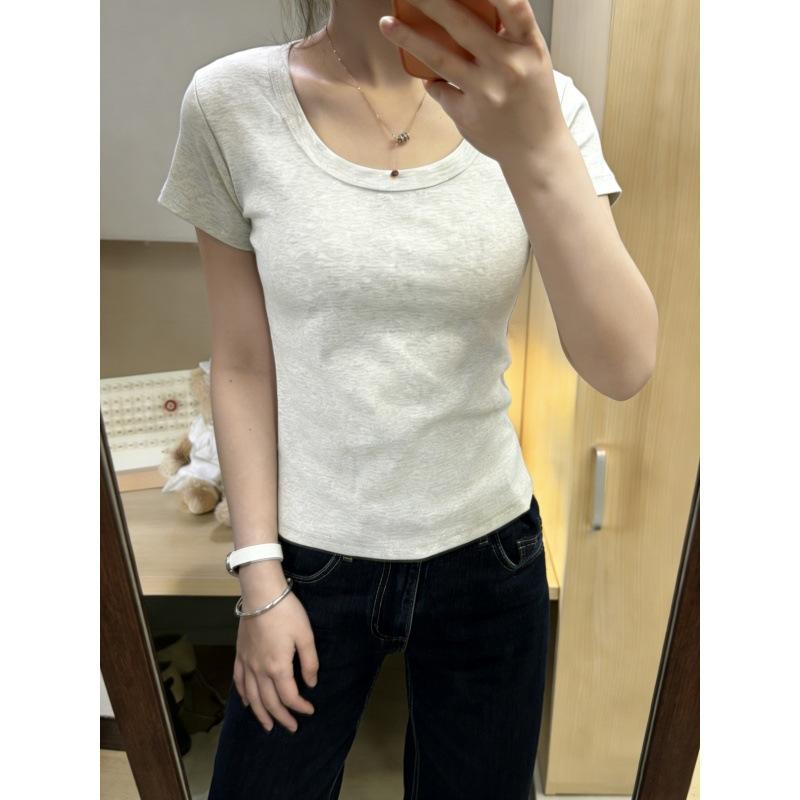 U-neck cotton short-sleeved T-shirt women's summer new solid color slim-fitting and thin shoulder low-neck top