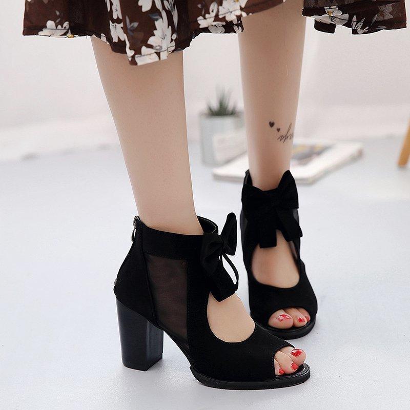 

Fish mouth sandals 2025 summer new thick heel bow sandals roman mesh hollow high heel women s shoes 40 чёрный